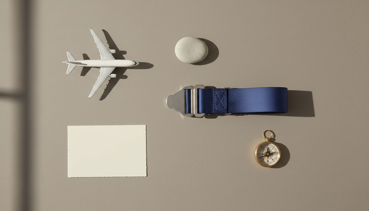 Five simple travel and coping objects arranged neatly to symbolize key fear of flying facts.