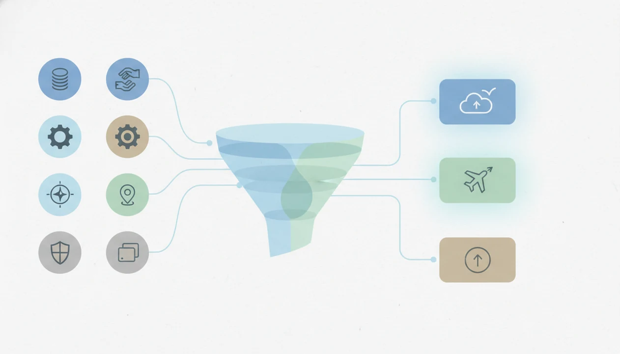 An abstract flow diagram shows course factors being sorted into a smaller set of fear of flying options.