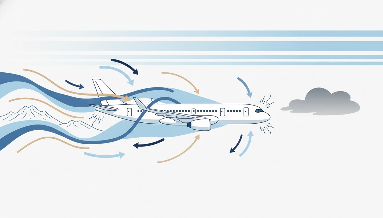 A simple diagram shows an airplane passing through layered air currents that create turbulence.