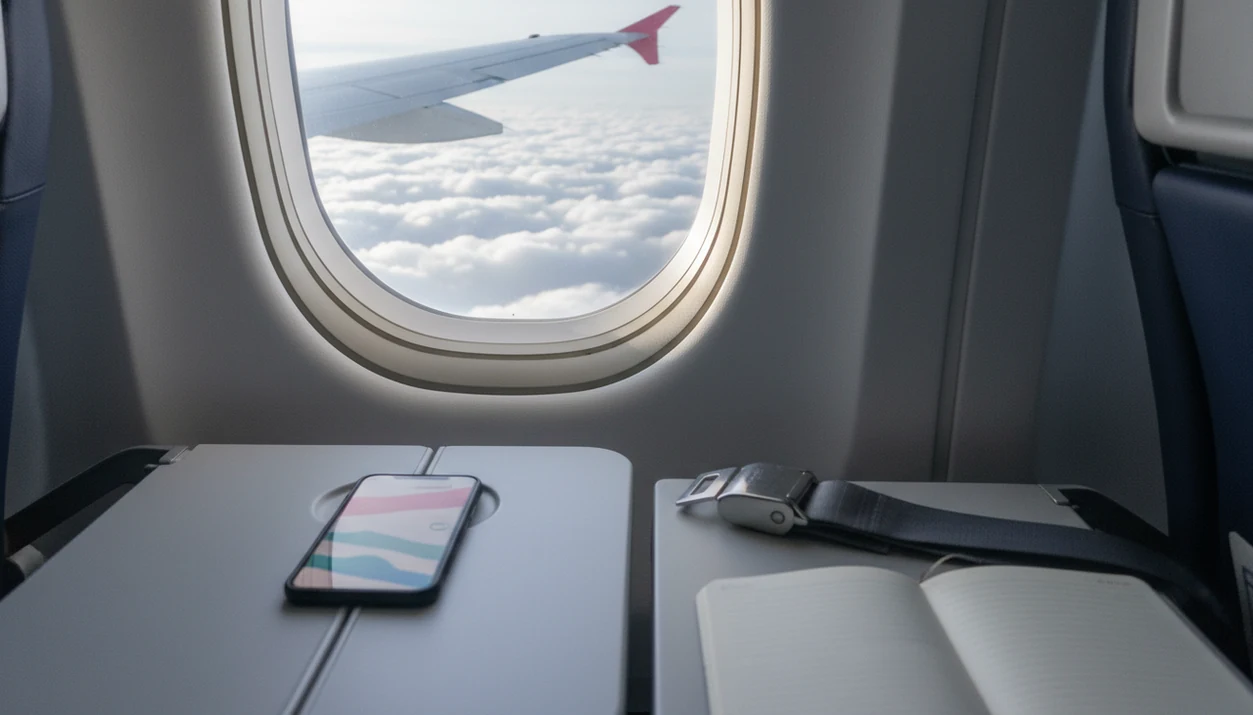 A phone and seat belt on an airplane tray table with a wing visible above soft clouds outside.