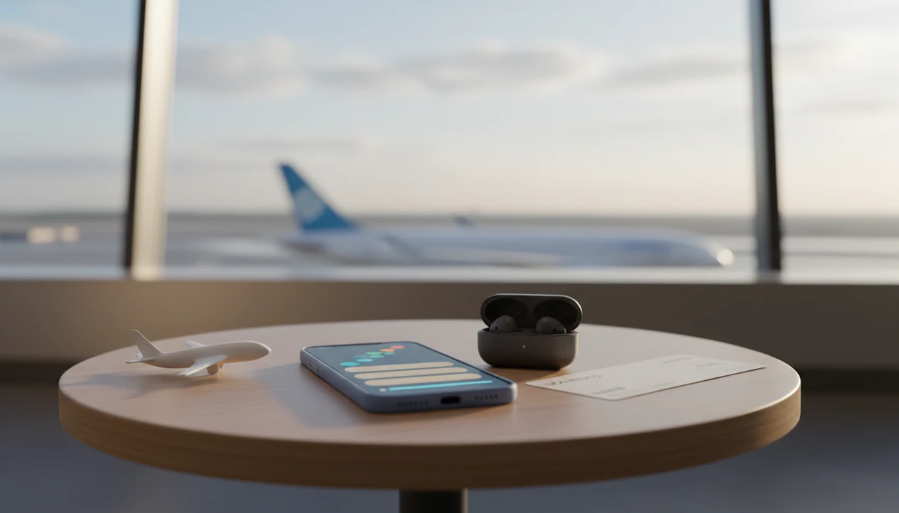 A phone, blank boarding pass, earbuds, and model plane suggest organized flight exposure practice.