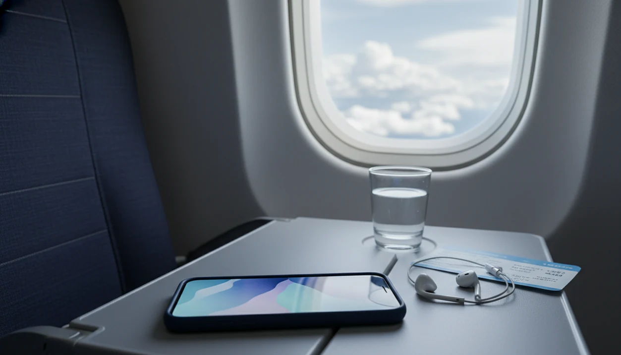 A phone and earbuds on an airplane tray table beside a window above the clouds.