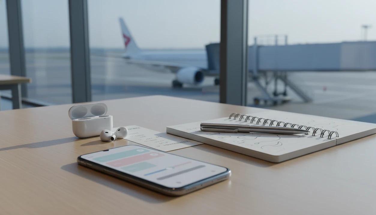 A phone, notebook, earbuds, and boarding pass sit on an airport table near a blurred airplane window.