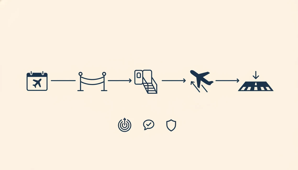 A text-free illustrated five-step path shows flight exposure from planning through landing.