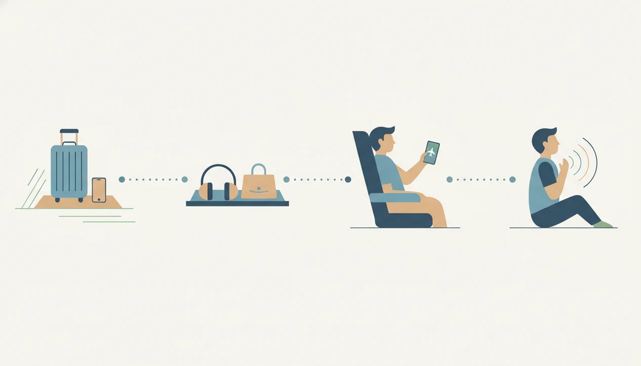 A wordless illustrated sequence shows preparing an app at home, boarding, and using calming tools in flight.