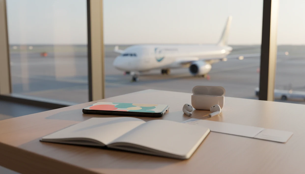 A phone, earbuds, blank boarding pass, and notebook sit at an airport gate with a plane blurred behind them.