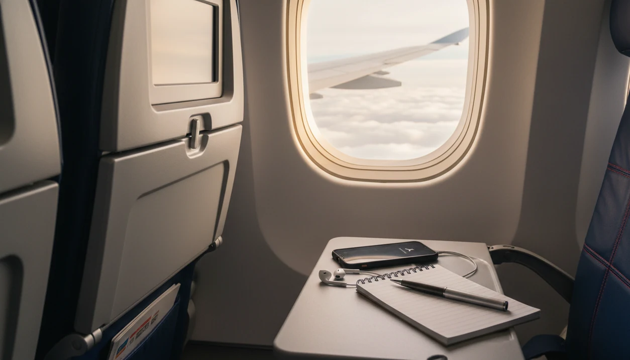A phone, notebook, and earbuds sit on an airplane tray table beside a cloudy wing view.