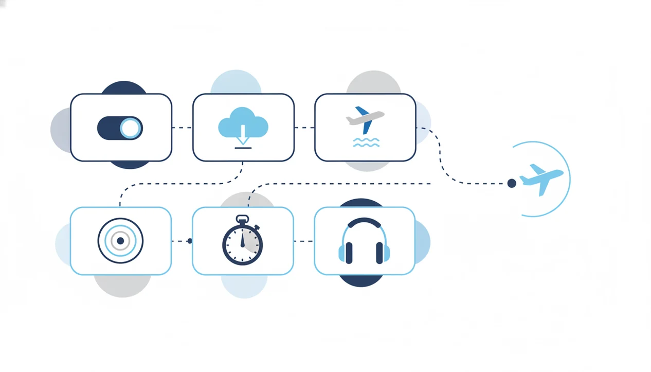 Six icon cards show practical tests for choosing a flight anxiety app before tomorrow’s trip.