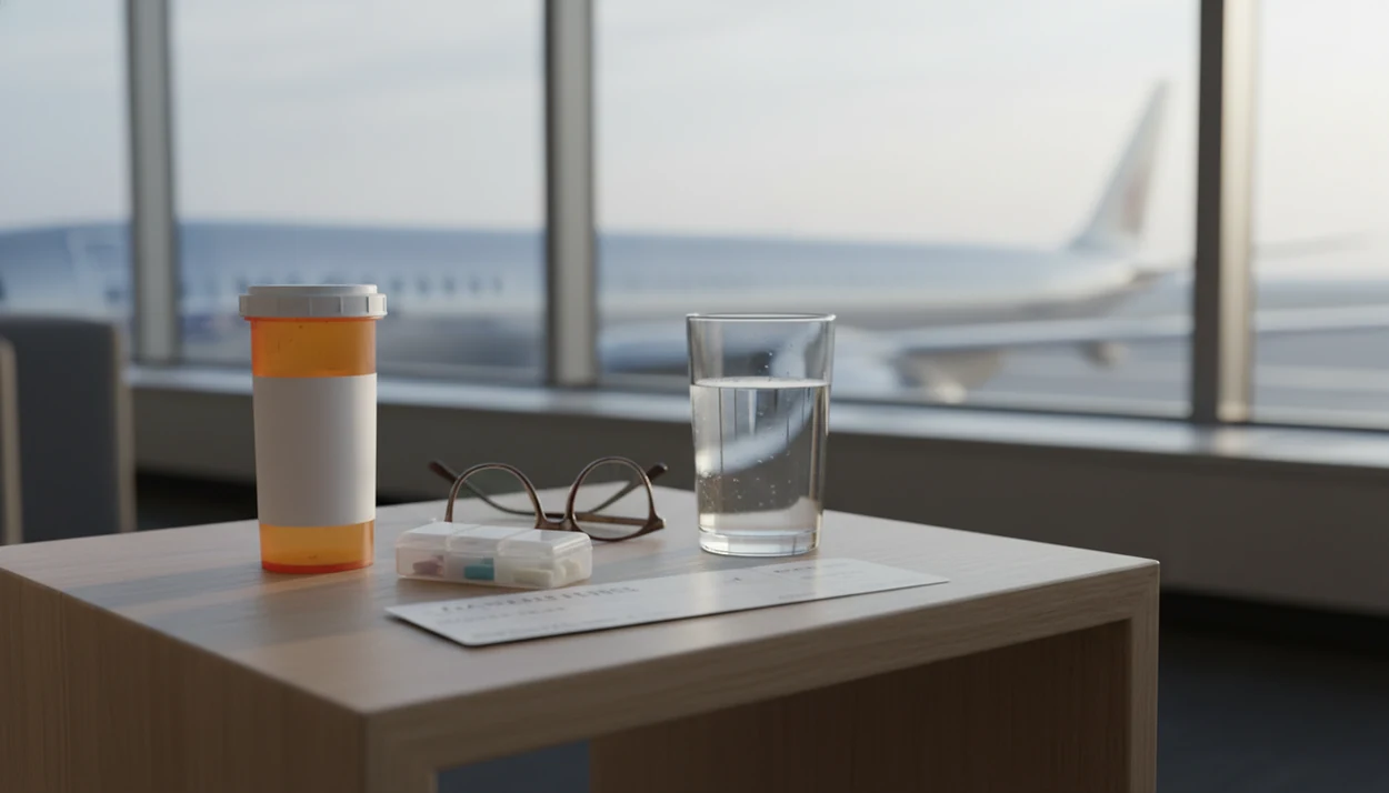 A blank prescription bottle and blurred boarding pass sit on an airport table with a plane in the background.