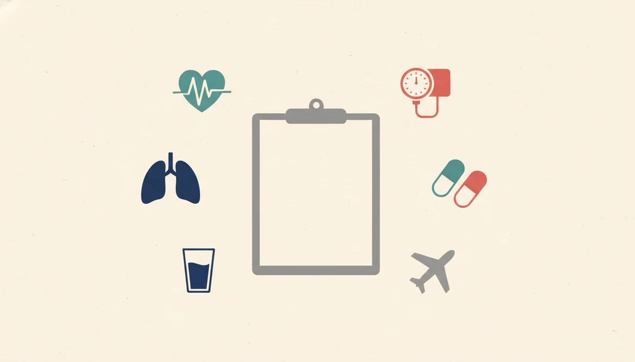 A clean illustration shows a blank medical checklist with heart, lungs, medication, and airplane icons around it.