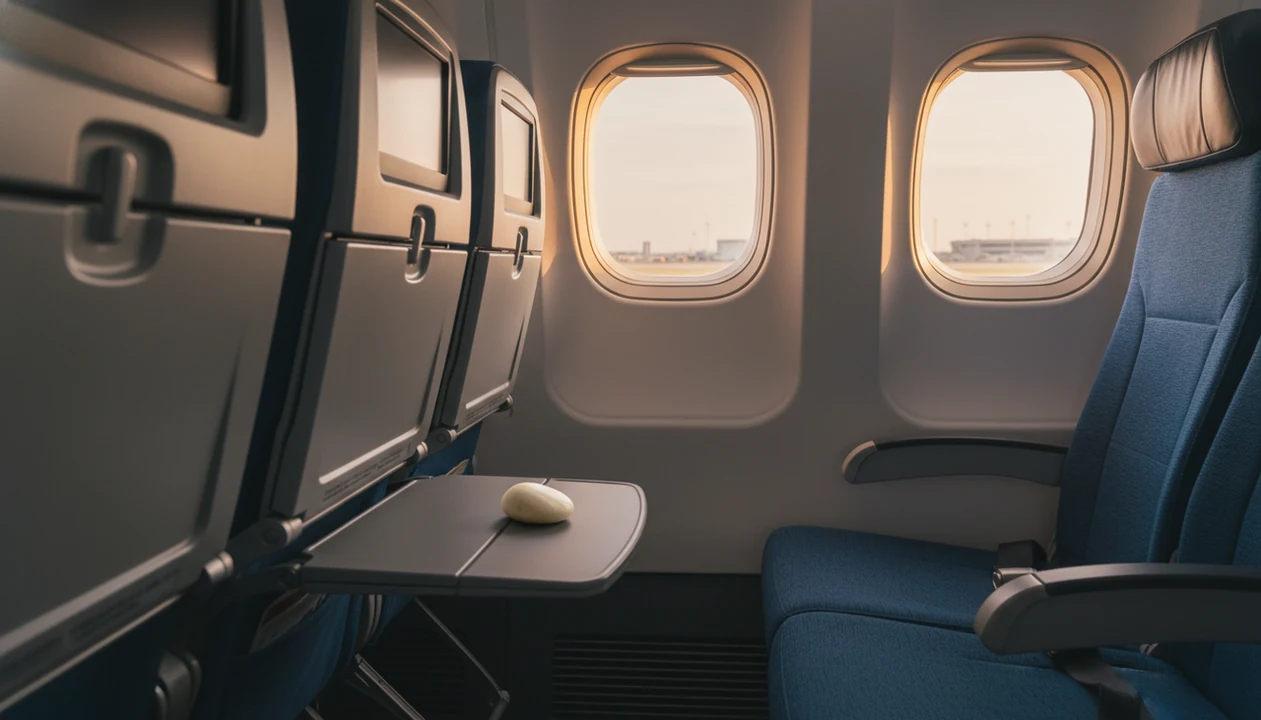 A calm airplane window seat with soft morning light and a seatbelt ready before takeoff.