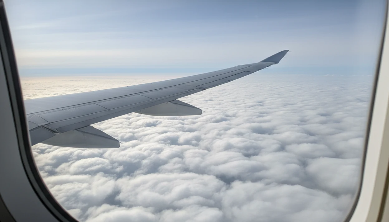 A calm view of an airliner wing flexing slightly above clouds during a smooth daylight flight.