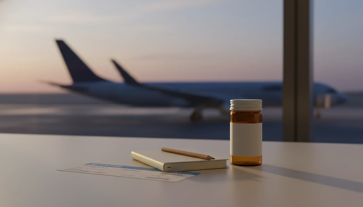 A boarding pass, therapy notebook, and plain medication bottle sit by an airport window at dawn.