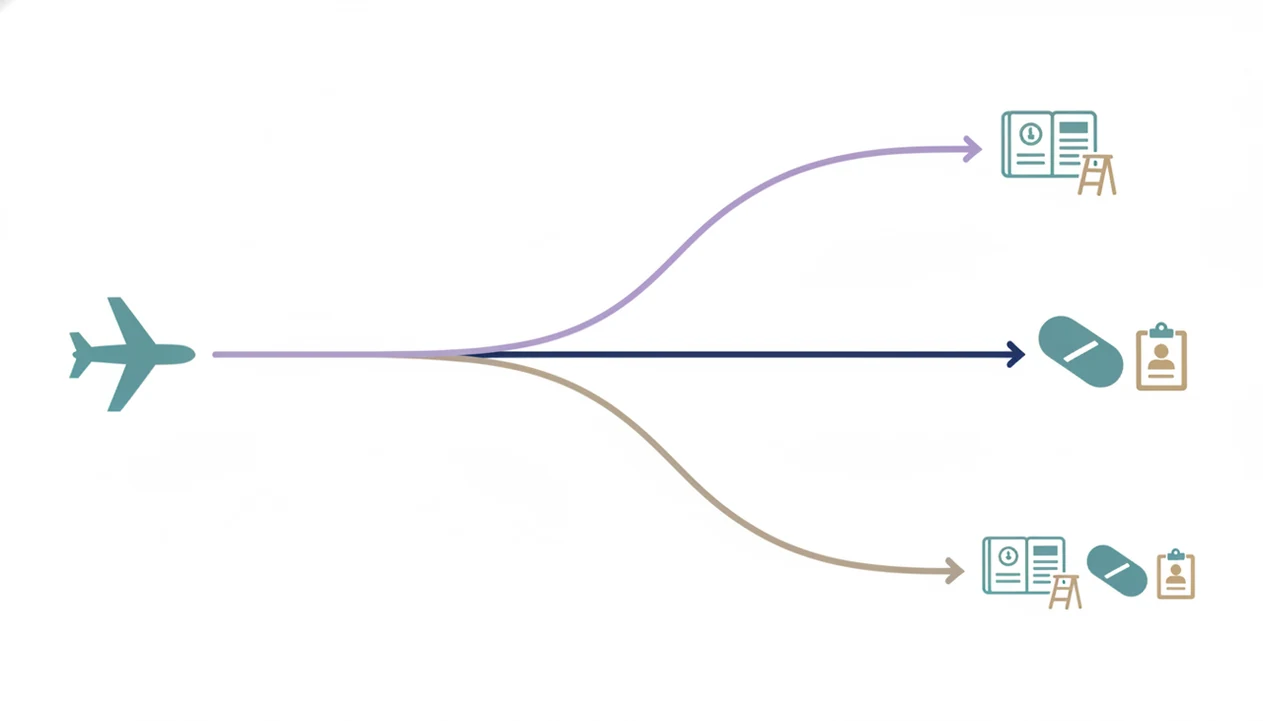 A wordless branching diagram shows paths toward CBT, medication support, or a combined care plan.
