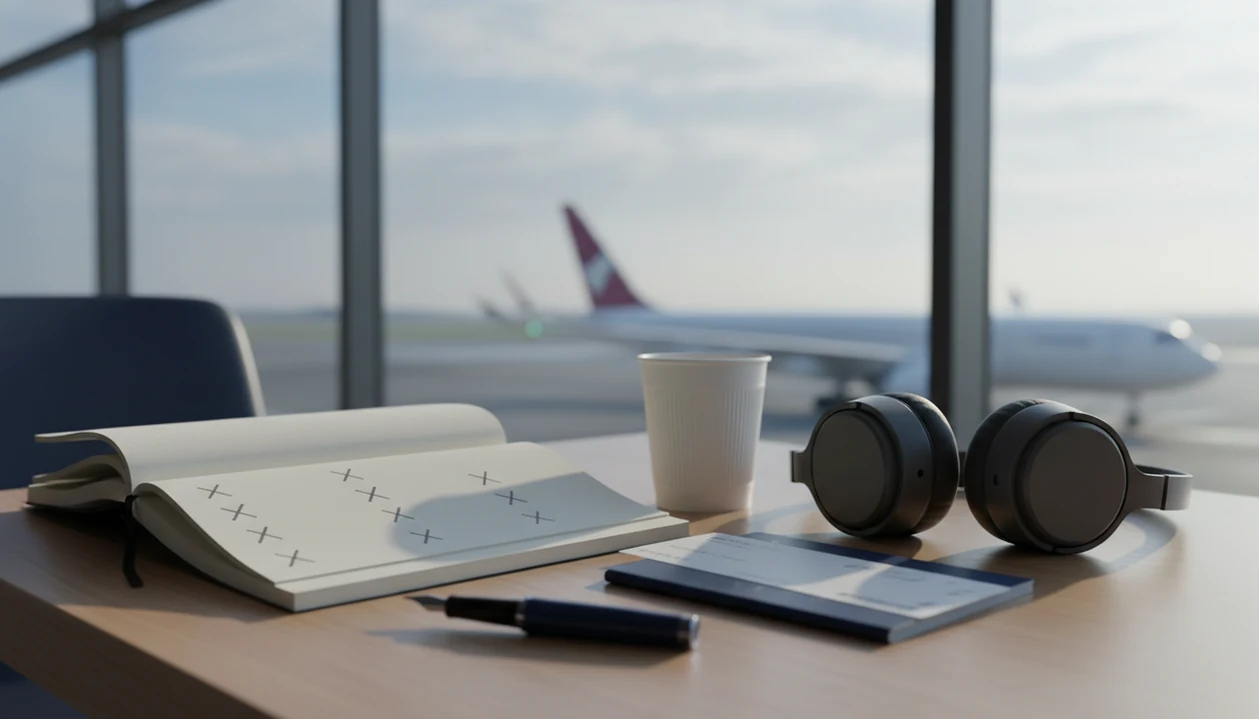 A quiet airport table with a blank checklist, passport, boarding pass, pen, and headphones before a flight.