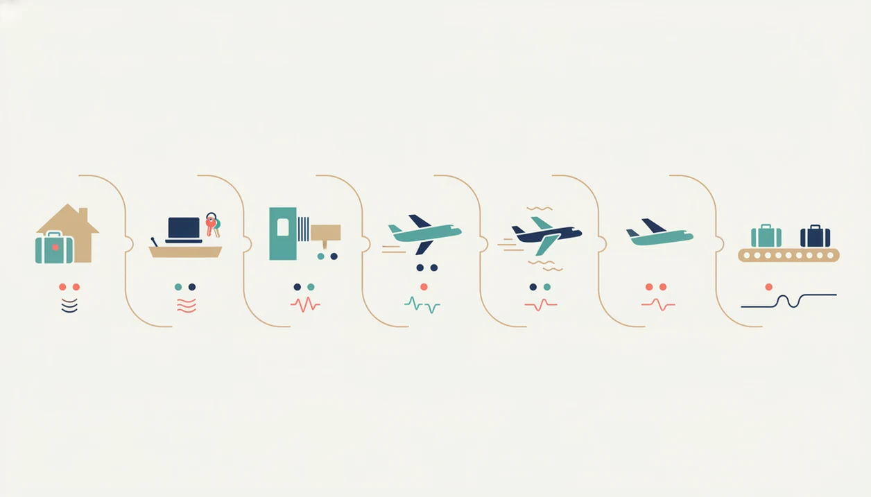 A wordless flight timeline shows travel phases from packing to landing with trigger markers along the route.