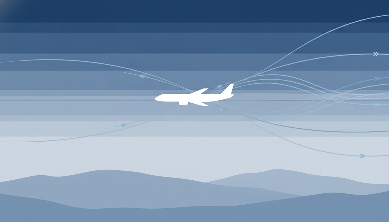 A simple atmospheric diagram shows an aircraft crossing layered wind shear near a jet-stream boundary.