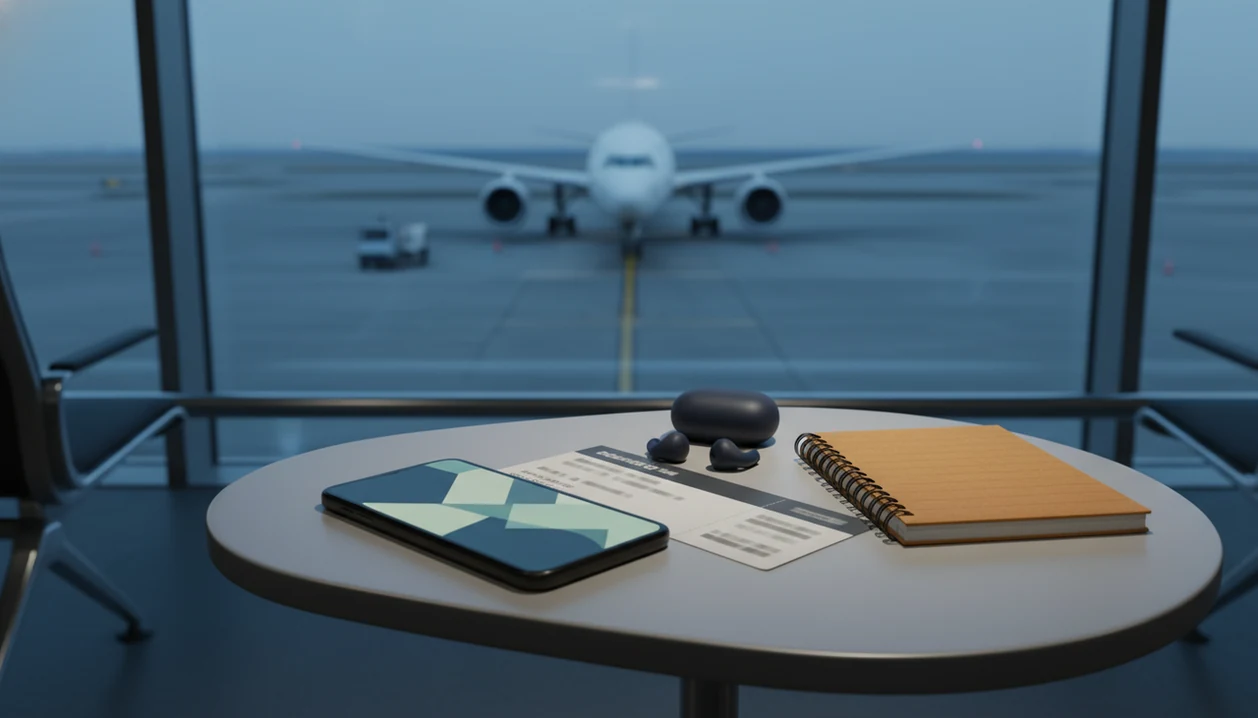 A phone, earbuds, and notebook sit at an airport gate with a blurred airplane outside the window.