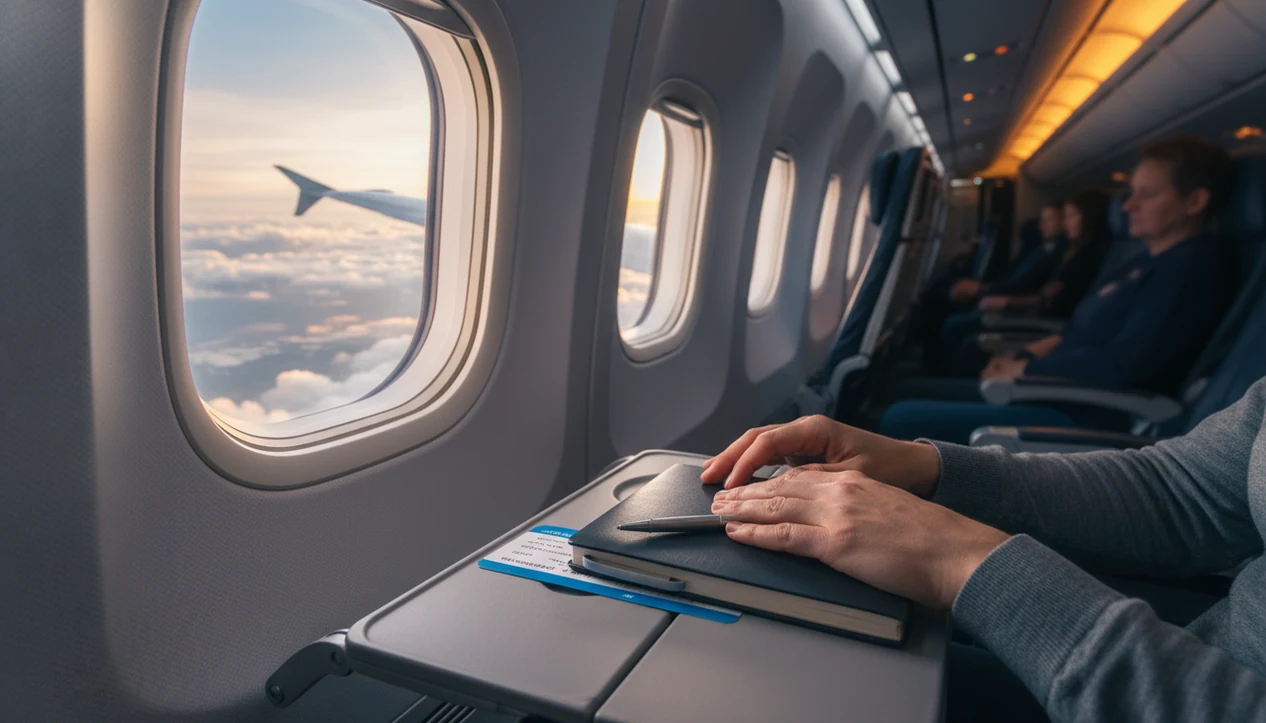 A passenger’s hands rest on a notebook beside an airplane window above calm clouds.