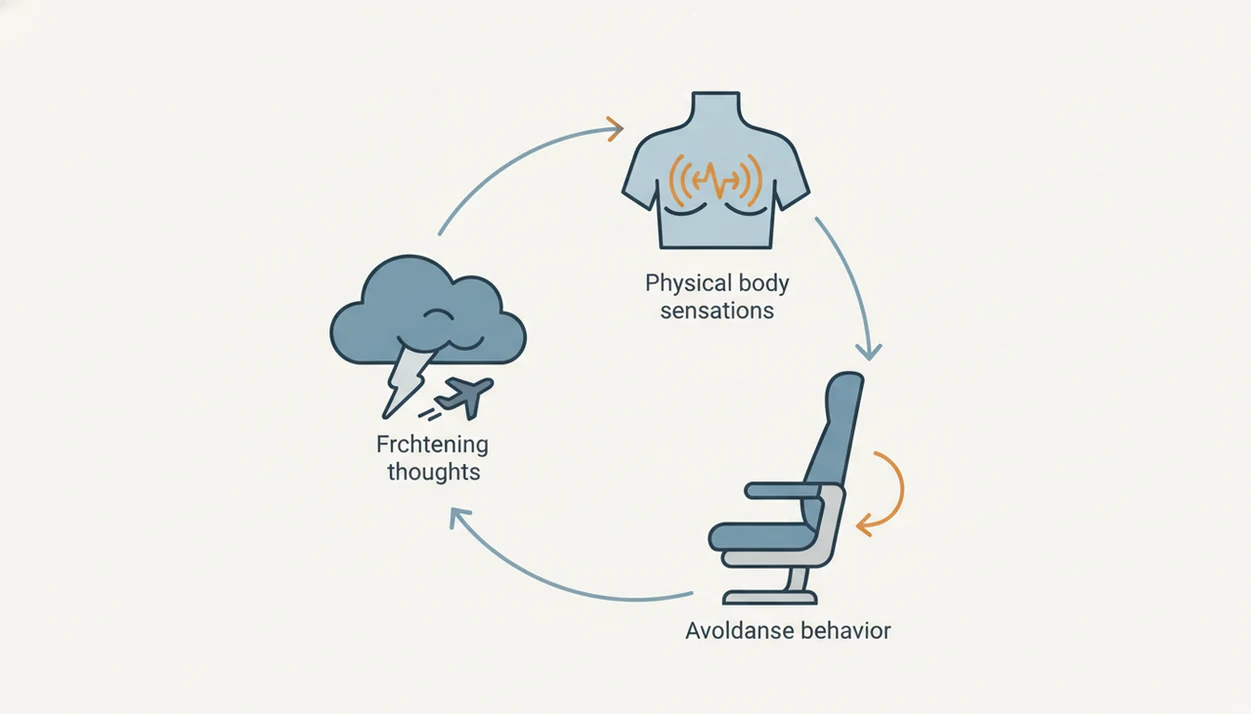 An unlabeled circular diagram shows thoughts, body symptoms, and avoidance feeding flight anxiety.