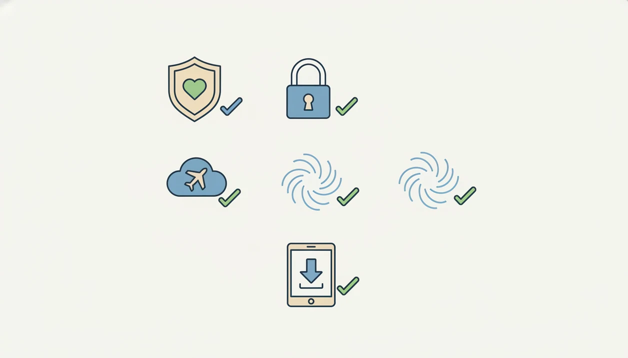 A simple illustrated checklist shows privacy, calm practice, and child-safe app features.