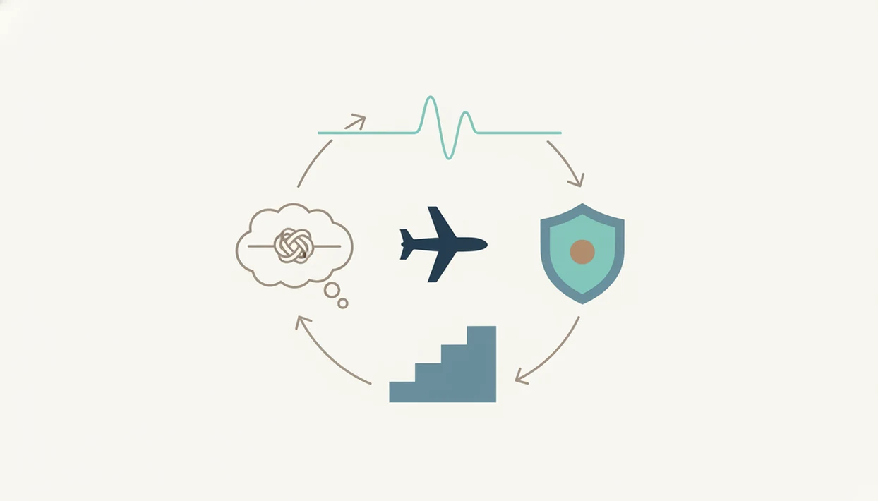 A clean diagram shows CBT-style coping steps circling a small airplane symbol without any labels.