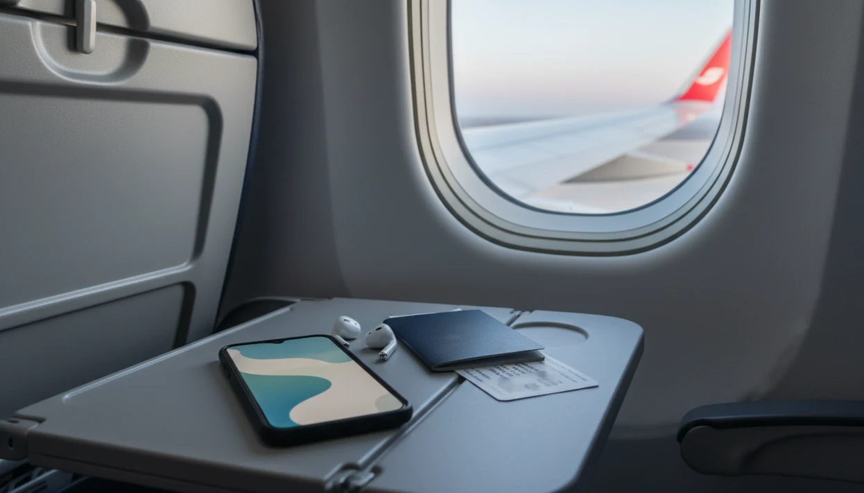 A phone, earbuds, passport, and blurred boarding pass sit by an airplane window before a flight.