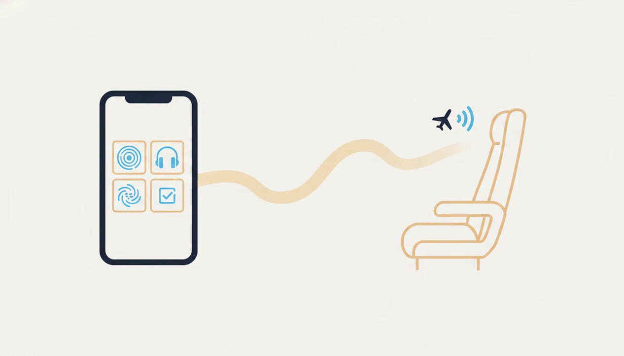 A simple diagram shows saved app tools flowing from a phone to an airplane seat without Wi-Fi.