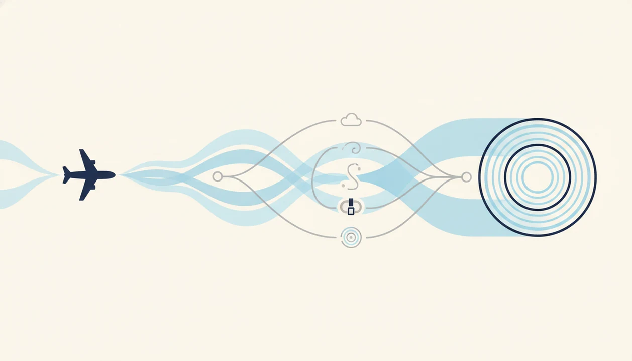 A clean diagram links airflow around a plane with calming breathing and grounding symbols.