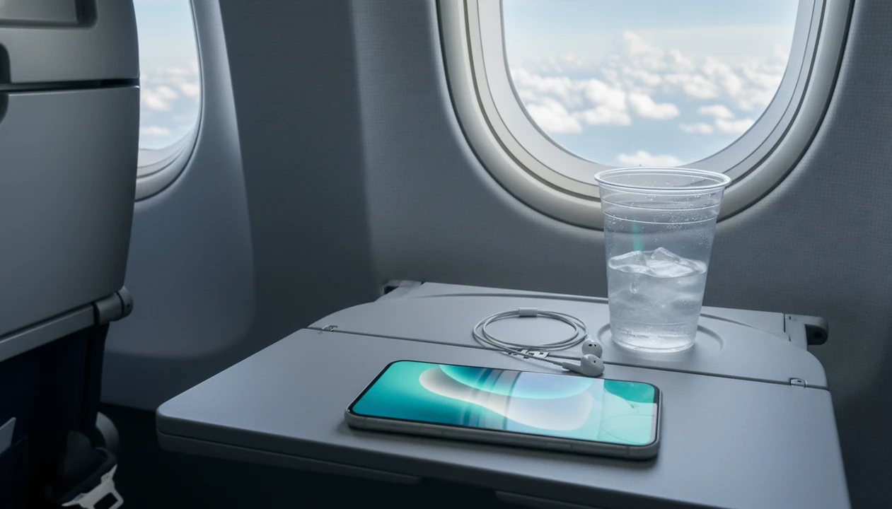 A phone, seatbelt, and cup of ice sit by an airplane window above bright clouds.