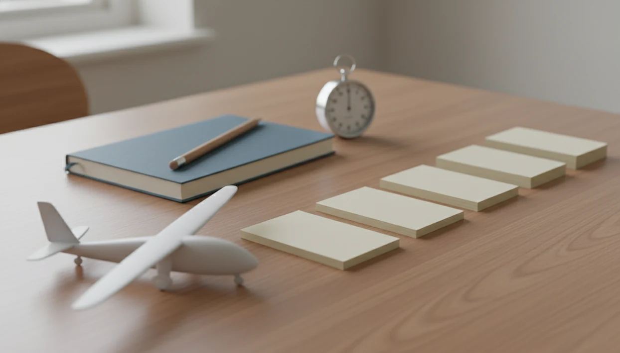 A model airplane beside blank stepped index cards suggests a gradual fear of flying exposure plan.