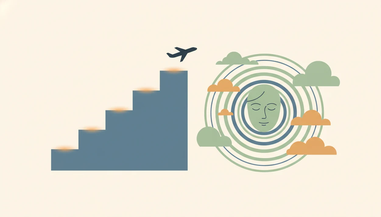 A split illustration contrasts gradual exposure steps with calming hypnosis imagery for fear of flying.