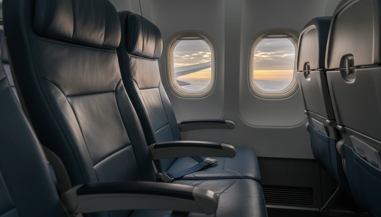 An empty airplane window seat with a fastened seatbelt and cloudy sky beyond the wing.