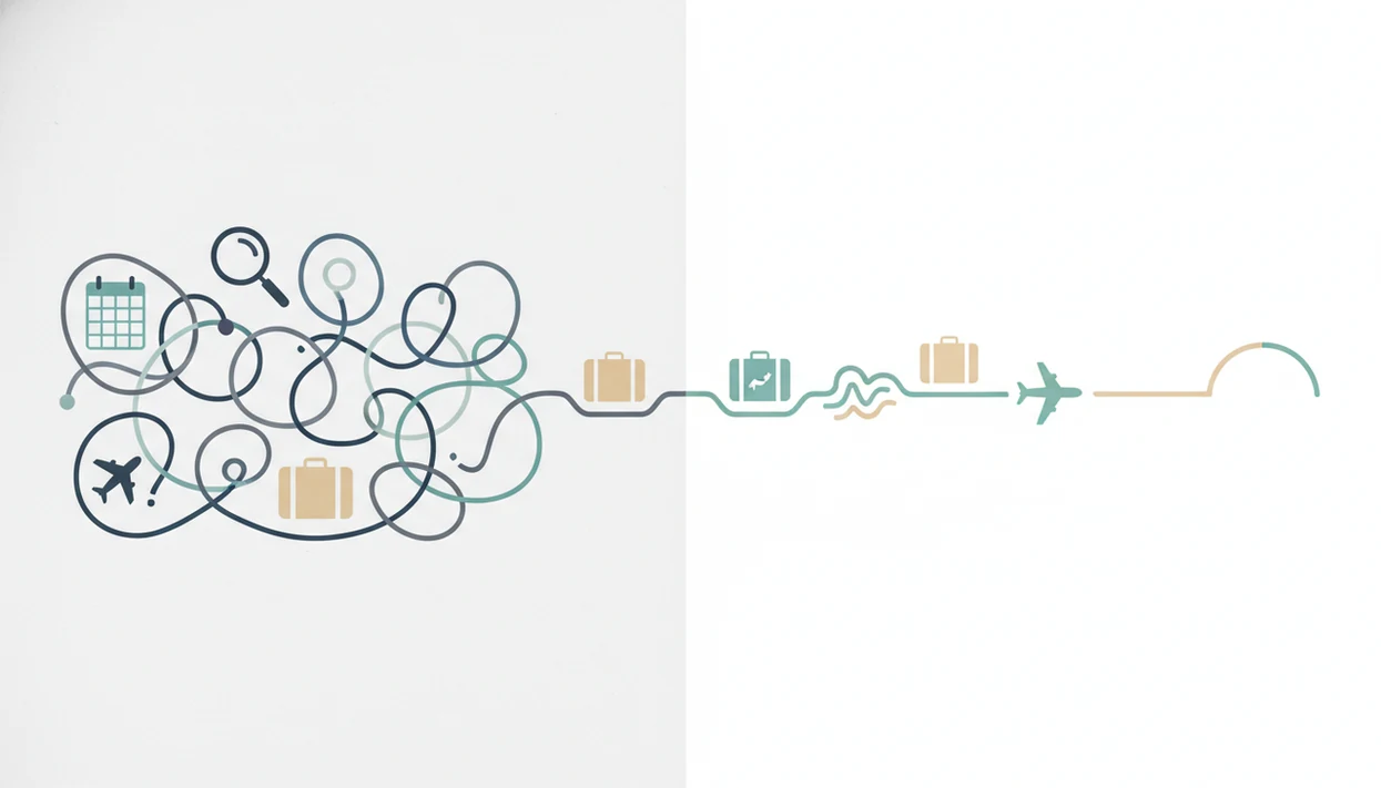 An abstract before-and-after flight anxiety pattern shifts from tangled checking to a steadier coping path.