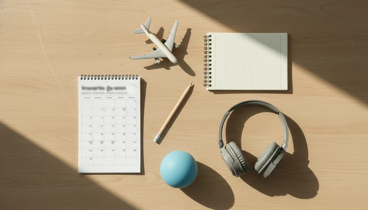 Five course-planning objects are arranged on a desk to represent key fear of flying program features.