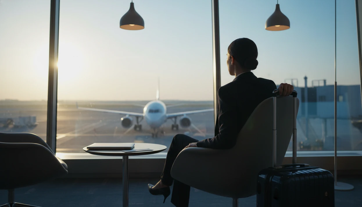 A business traveler waits tensely in an airport lounge with a plane visible through the window.