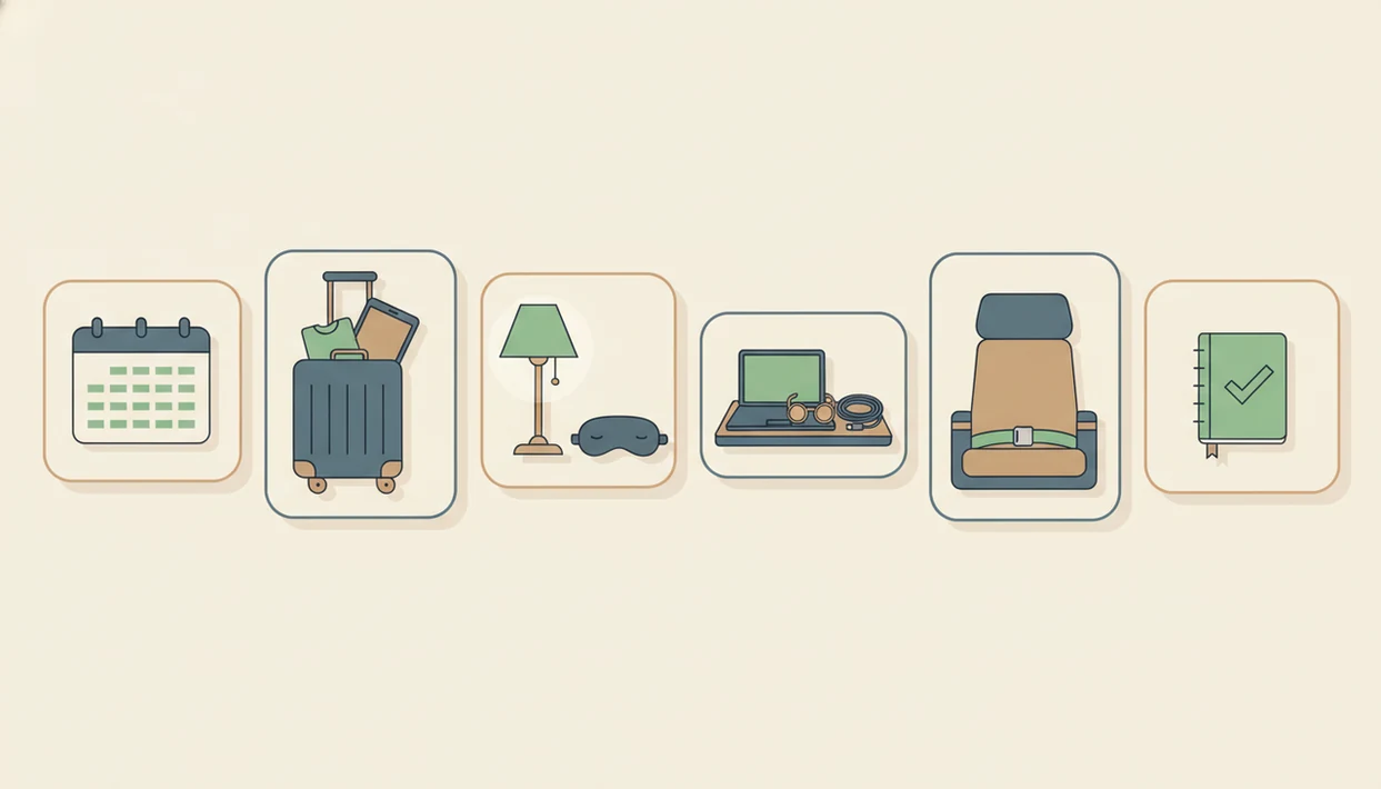 A text-free six-step illustration shows objects for planning and completing a work flight.
