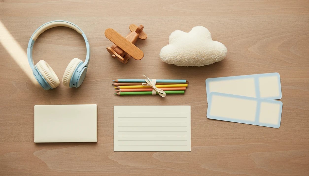 A top-down arrangement of headphones, a toy plane, snacks, pencils, and a blank checklist for flight preparation.