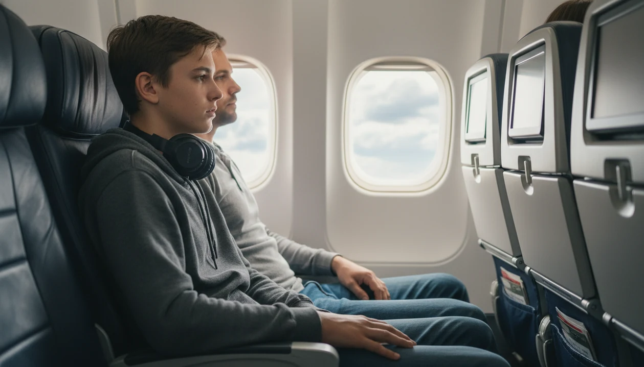 A nervous teen sits by an airplane window while a calm parent offers quiet support beside them.