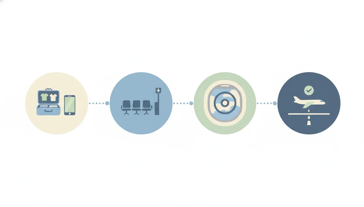 A simple illustrated workflow shows using an iPhone app before, during, and after a flight.