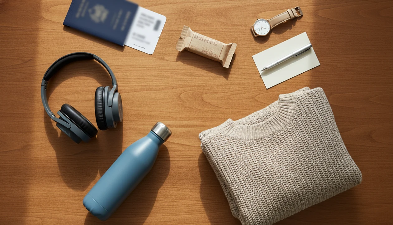 A flat lay of travel items suggests a simple coping kit for managing flight anxiety.