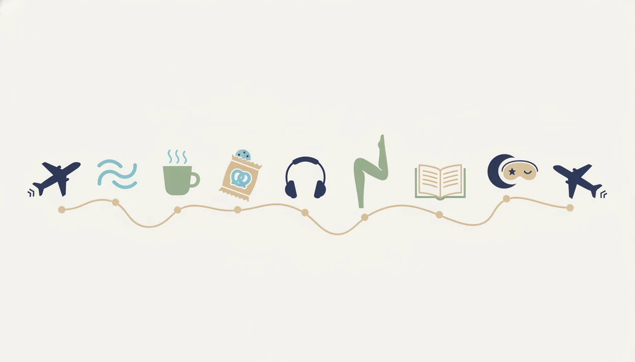 A wordless timeline illustration shows breathing, water, movement, rest, and landing during a long flight.