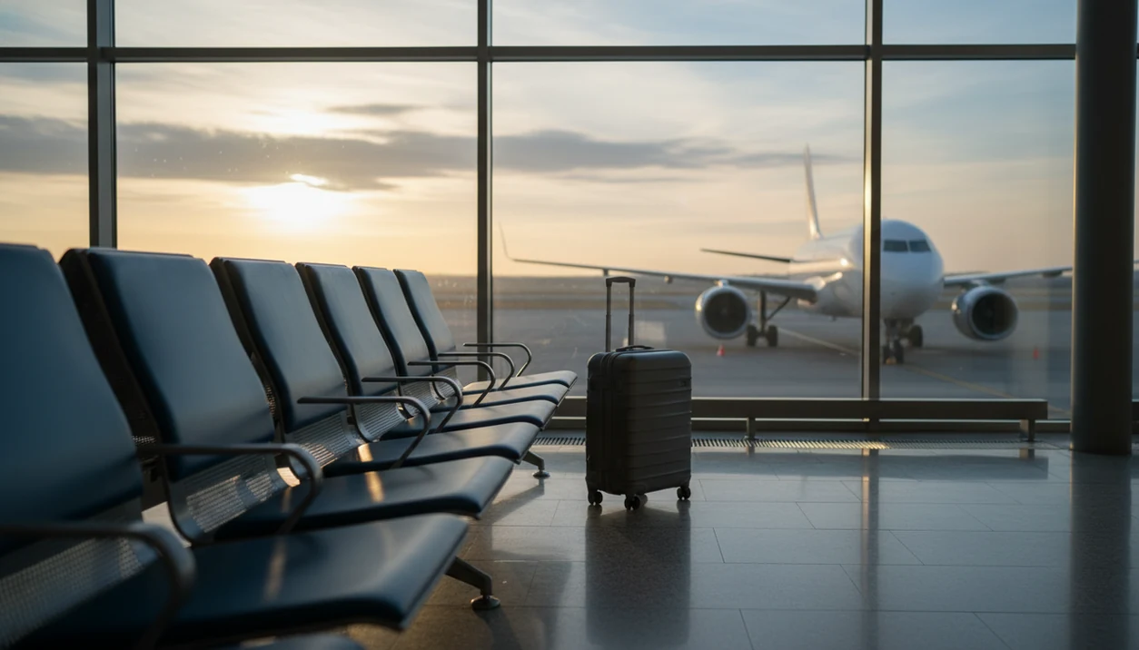 An empty airport gate with a carry-on beside the seats and a plane waiting beyond the sunrise window.