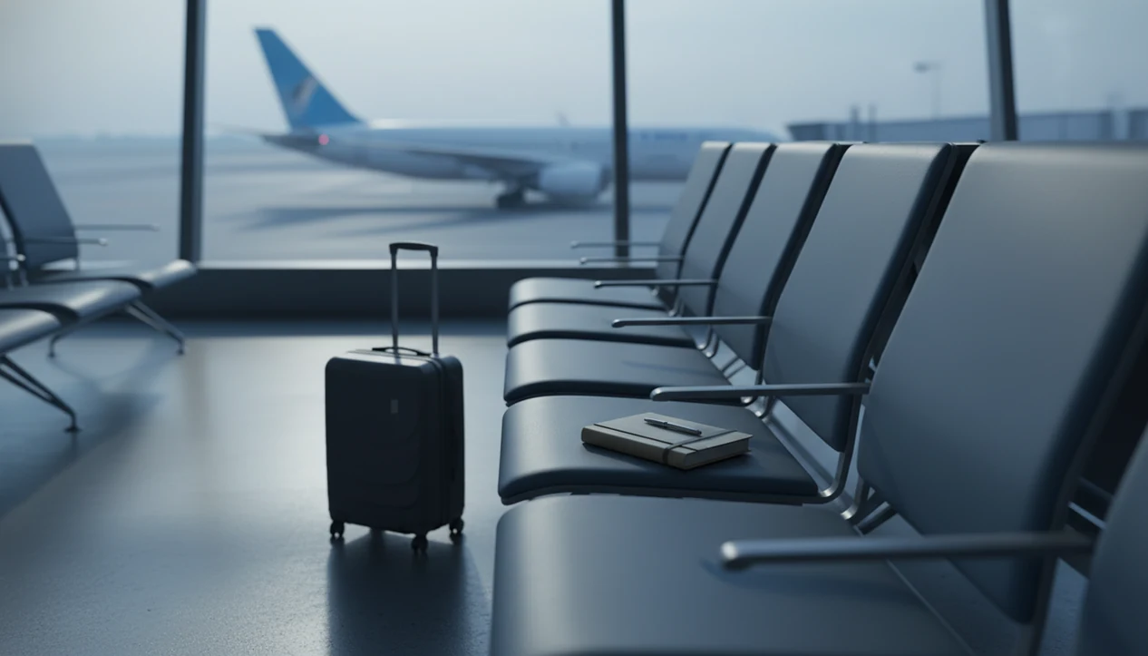 An empty airport gate with a suitcase and notebook facing a plane at dawn.