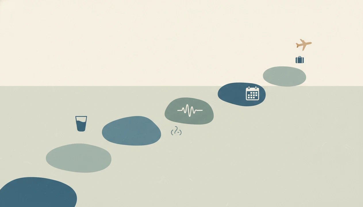 A simple illustrated path of five blank steps leading toward a small airplane.