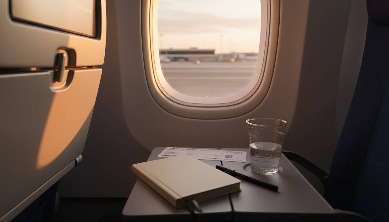 An airplane window after landing with a notebook, pen, water cup, and turned-over boarding pass on the tray table.