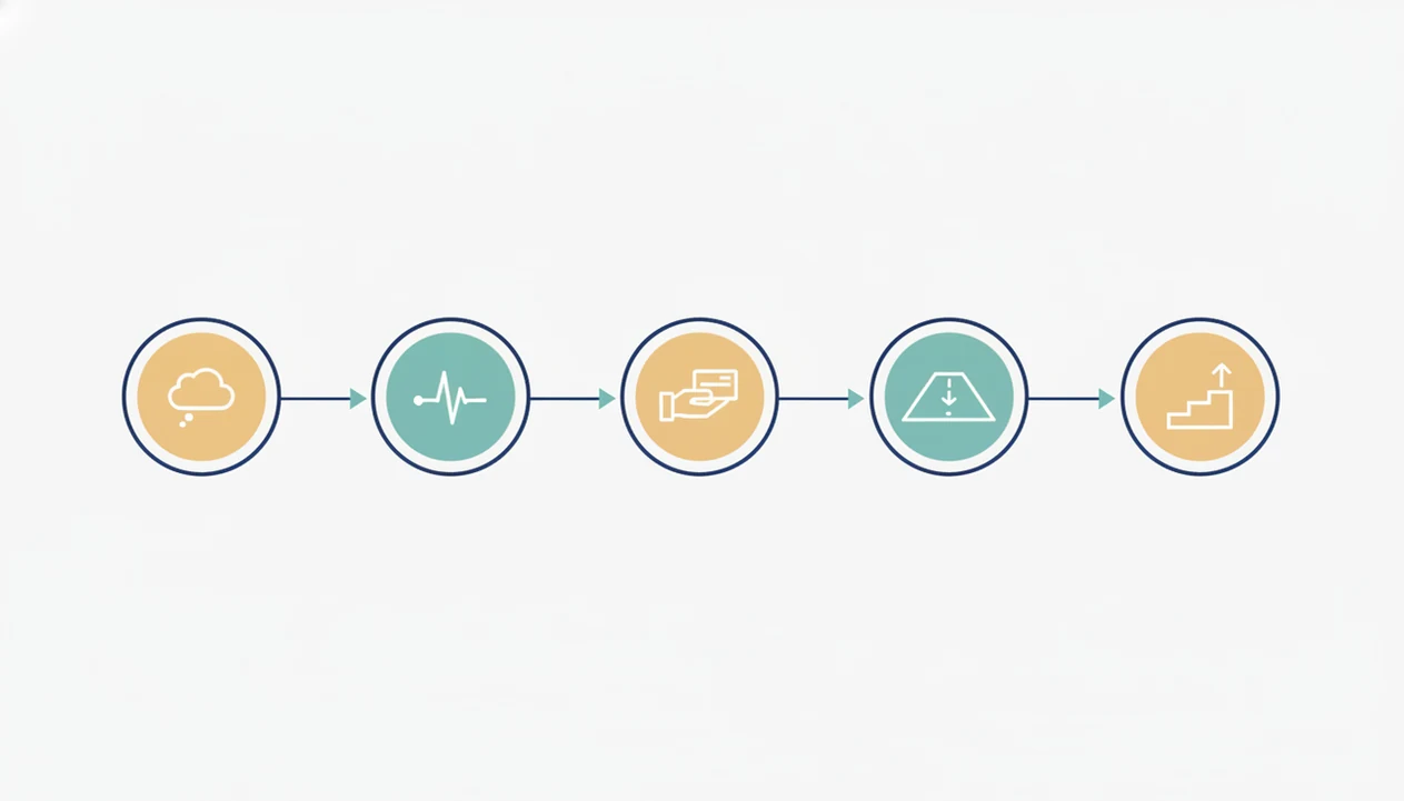 A clean five-node diagram uses simple icons to show tracking predictions, symptoms, coping, outcome, and next lesson.