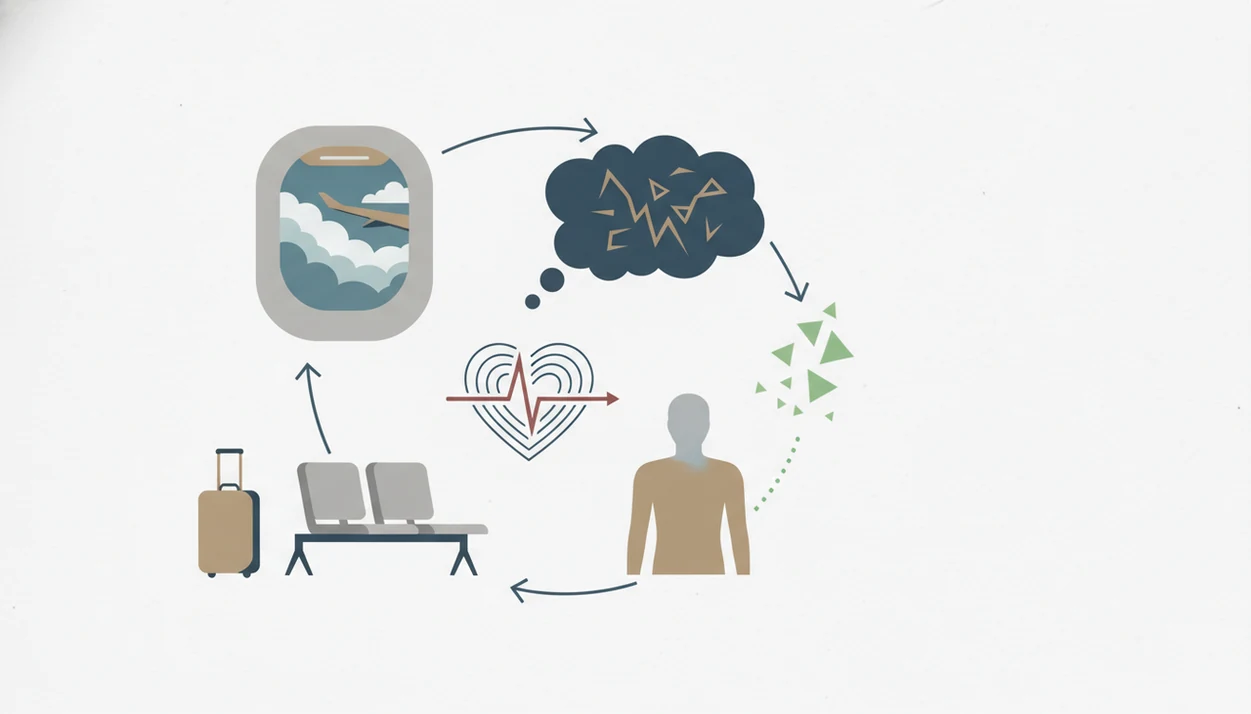 A simple diagram shows flight cues, anxious thoughts, body symptoms, and avoidance forming a loop.