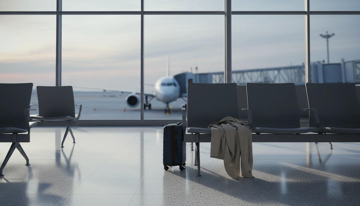 An empty airport gate with a carry-on bag facing a plane outside the window at dawn.
