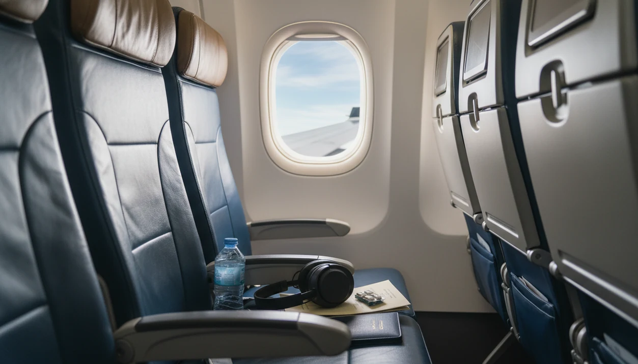 A calm airplane seat with headphones, water, gum, and a folded coping plan ready before takeoff.